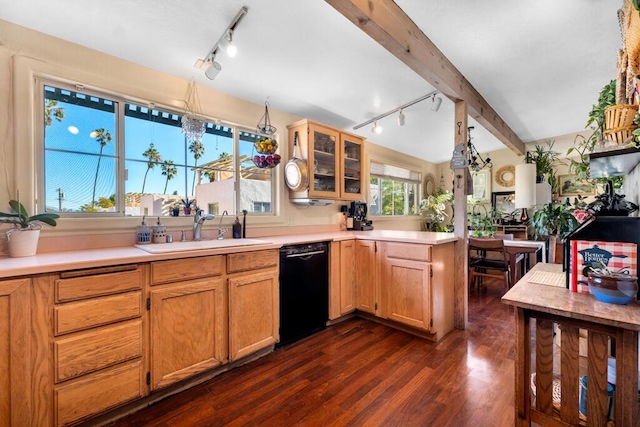 kitchen with dishwasher, vaulted ceiling with beams, kitchen peninsula, dark hardwood / wood-style flooring, and sink