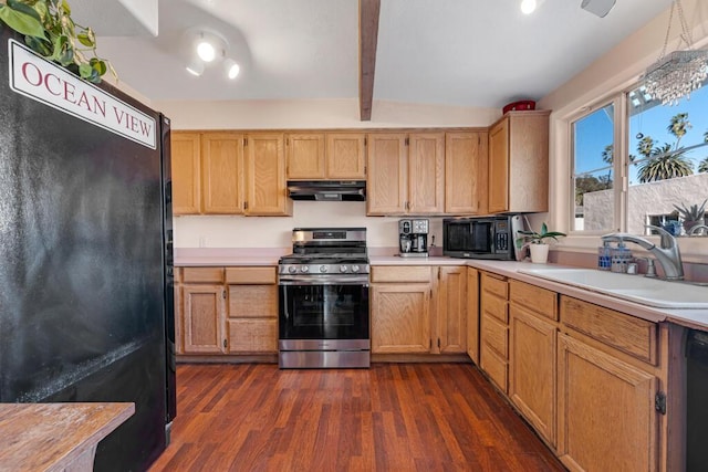 kitchen with black appliances, beamed ceiling, dark hardwood / wood-style floors, sink, and range hood