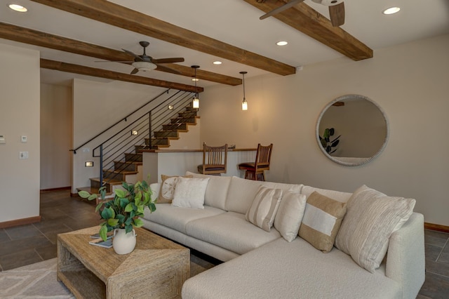 living room with beam ceiling, recessed lighting, stairway, a ceiling fan, and baseboards