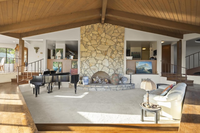 carpeted living room with wood ceiling, a stone fireplace, and lofted ceiling with beams