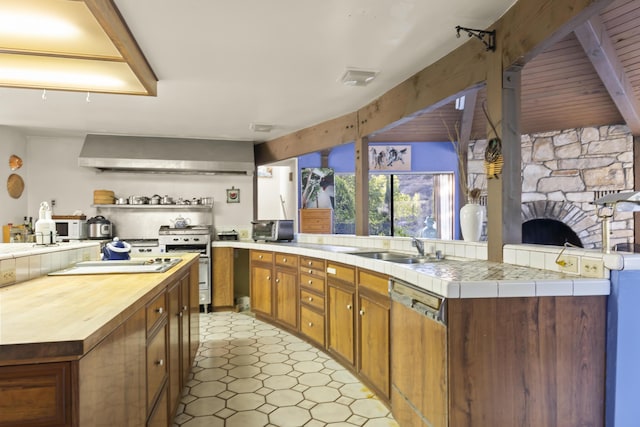 kitchen with tile countertops, dishwasher, sink, stainless steel range, and a stone fireplace