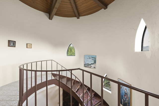 stairs with wooden ceiling, beamed ceiling, and carpet flooring