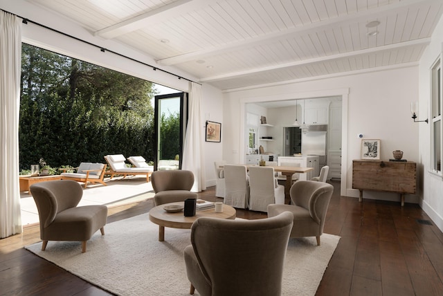 living room with dark hardwood / wood-style floors and beamed ceiling