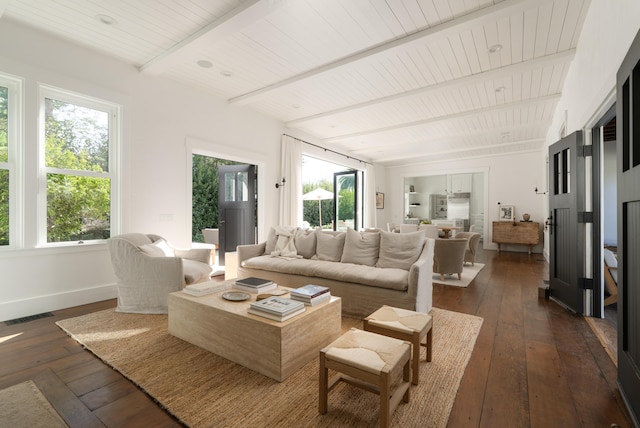 living room featuring dark hardwood / wood-style flooring and beam ceiling