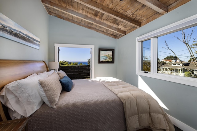 bedroom with lofted ceiling with beams, multiple windows, and wood ceiling