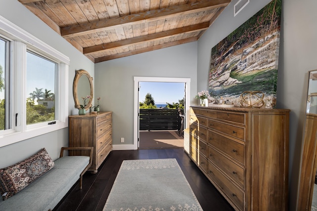 interior space with baseboards, visible vents, wooden ceiling, dark wood-type flooring, and vaulted ceiling with beams