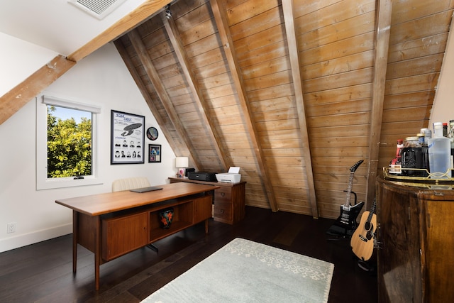 office featuring vaulted ceiling with beams, dark wood-style floors, visible vents, and baseboards