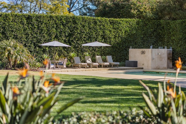 view of yard featuring a fenced in pool