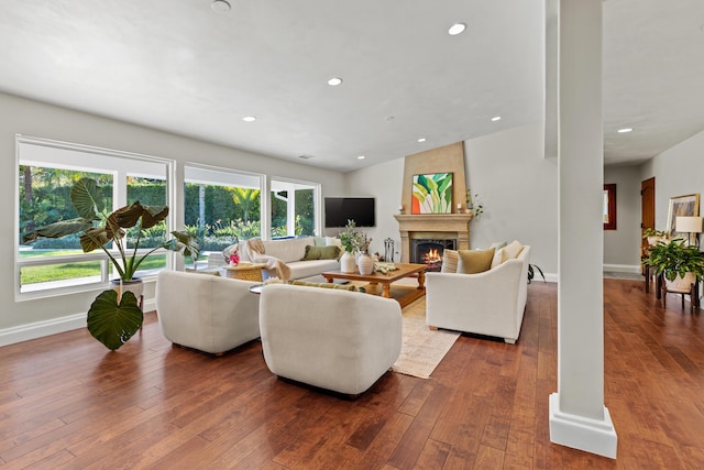 living room featuring a large fireplace and dark hardwood / wood-style flooring