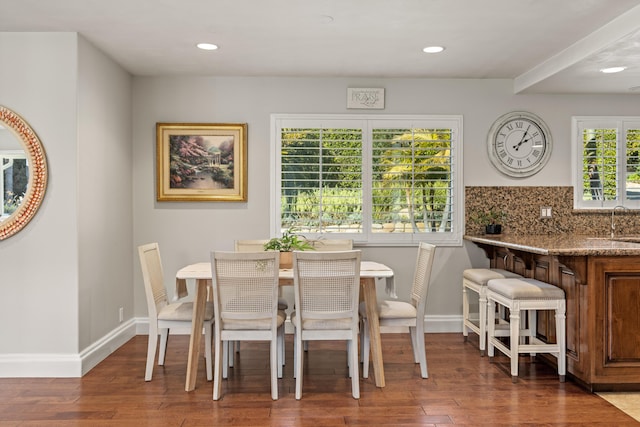 dining area with dark wood-type flooring, a healthy amount of sunlight, and sink