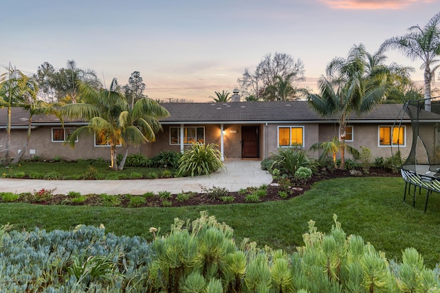 ranch-style home featuring a yard and a trampoline