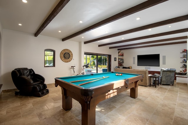 playroom featuring beam ceiling and billiards