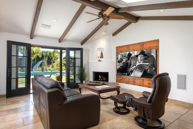 living room featuring ceiling fan, high vaulted ceiling, and beamed ceiling