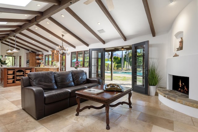 living room with beam ceiling, high vaulted ceiling, and a chandelier