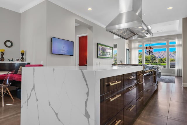 kitchen featuring light stone countertops, island exhaust hood, ornamental molding, and dark brown cabinets