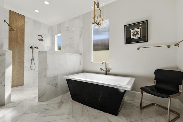 bathroom with plus walk in shower and ornamental molding