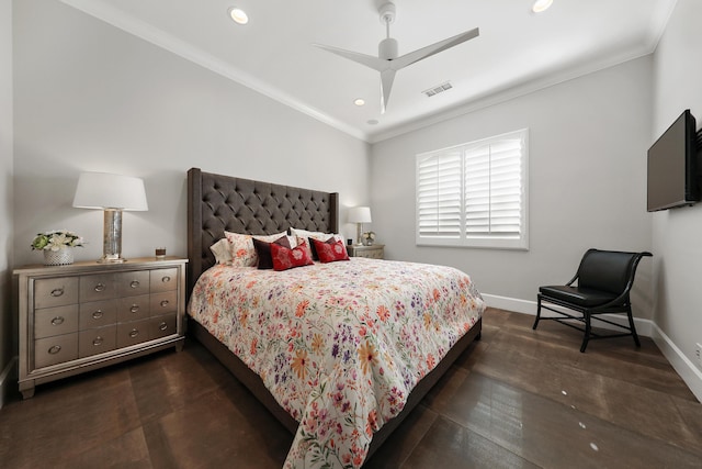 bedroom featuring ceiling fan, ornamental molding, and dark hardwood / wood-style floors