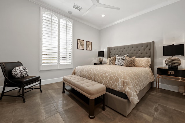 bedroom with ceiling fan and crown molding