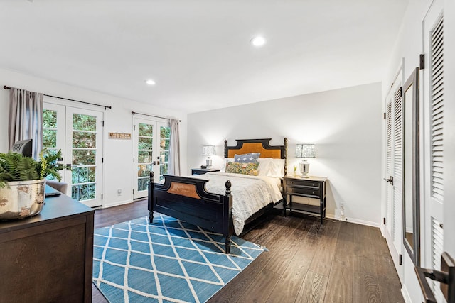 bedroom with wood finished floors, baseboards, recessed lighting, french doors, and access to outside