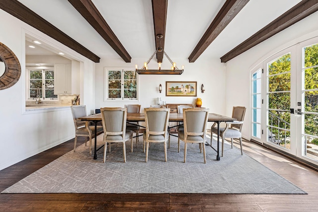 dining area featuring beamed ceiling, recessed lighting, and wood finished floors