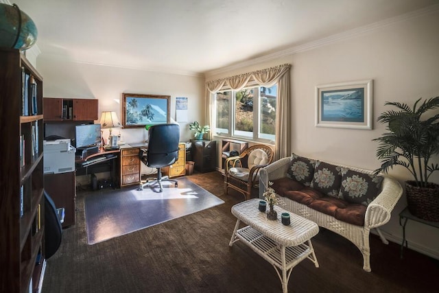 home office with crown molding and dark wood-type flooring