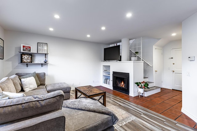 living room with dark wood-type flooring