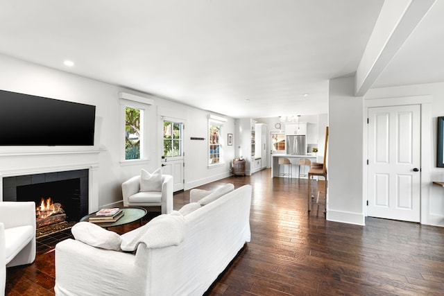 living room featuring dark hardwood / wood-style flooring and a fireplace