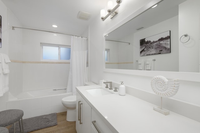 1508 Miramar, Santa Barbara, CA 93108 - full bathroom featuring toilet, vanity, shower / bath combo, and hardwood / wood-style flooring