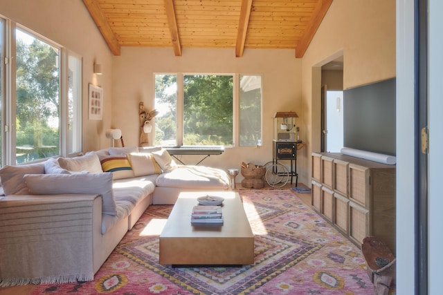 sunroom / solarium featuring wooden ceiling and lofted ceiling with beams