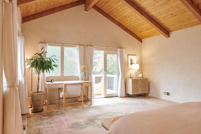 bedroom with wooden ceiling, access to exterior, high vaulted ceiling, and beamed ceiling