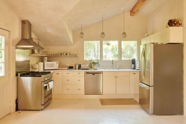 kitchen with pendant lighting, stainless steel appliances, sink, ventilation hood, and lofted ceiling with beams