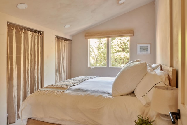 bedroom featuring lofted ceiling