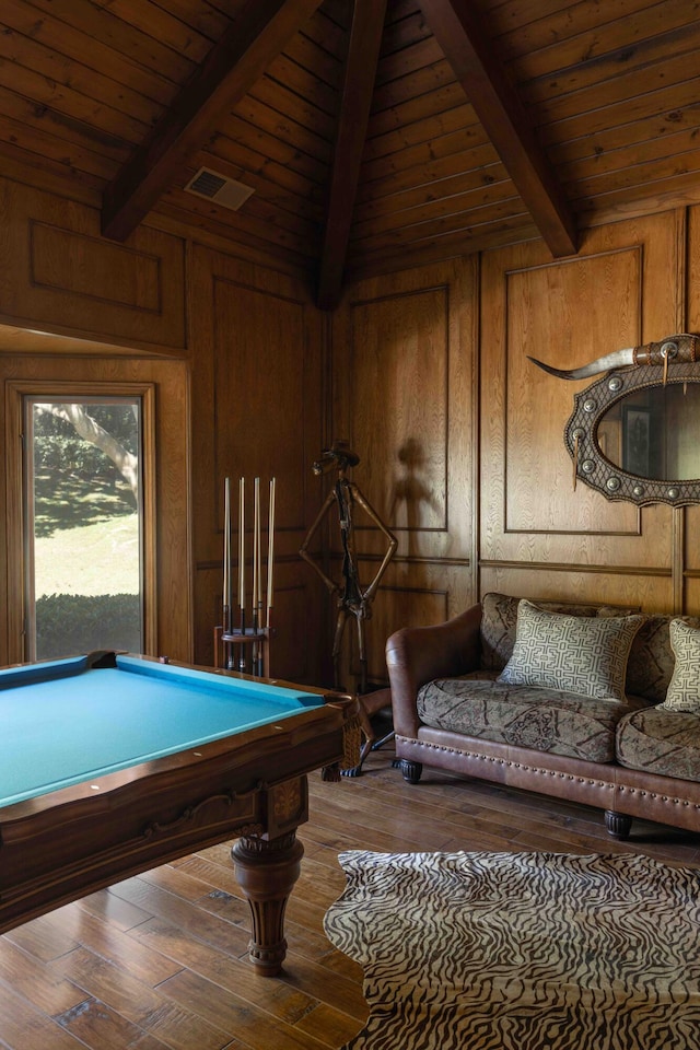 playroom featuring wooden ceiling, hardwood / wood-style floors, wood walls, and lofted ceiling with beams