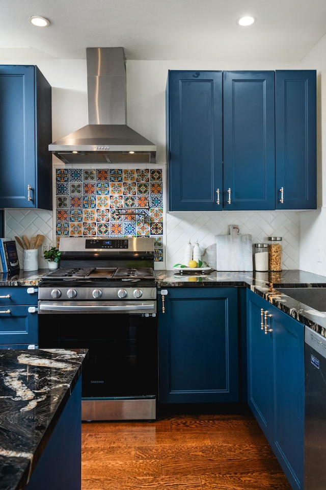 315 E Micheltorena St, Santa Barbara, CA 93101 - kitchen featuring gas range, wall chimney exhaust hood, tasteful backsplash, dishwasher, and blue cabinetry