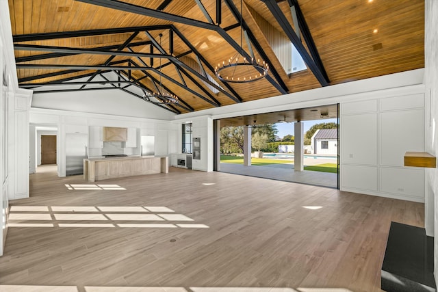 unfurnished living room with high vaulted ceiling, light hardwood / wood-style floors, beam ceiling, and wood ceiling