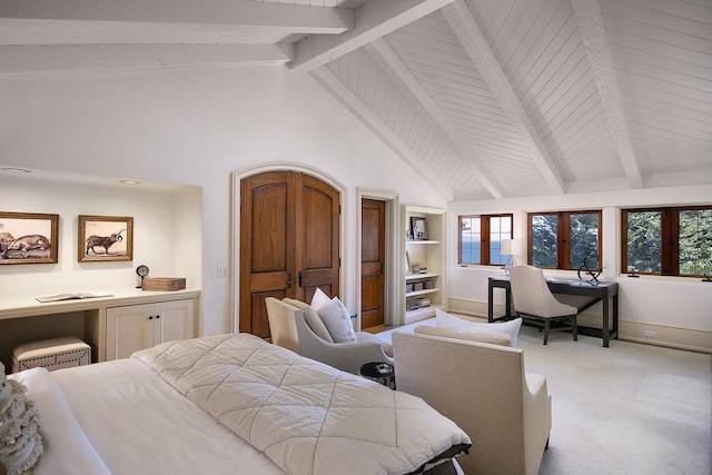 bedroom featuring multiple windows, high vaulted ceiling, light colored carpet, and beamed ceiling