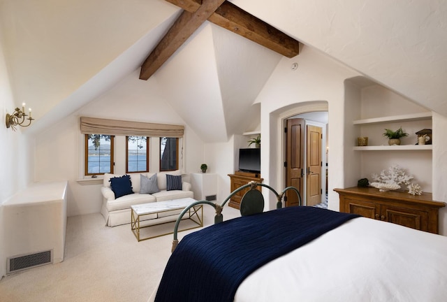 carpeted bedroom with lofted ceiling with beams