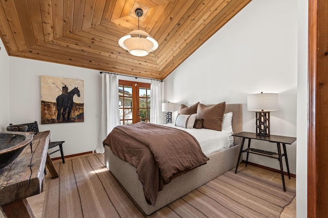 bedroom featuring wooden ceiling, access to exterior, vaulted ceiling, french doors, and light wood-style floors