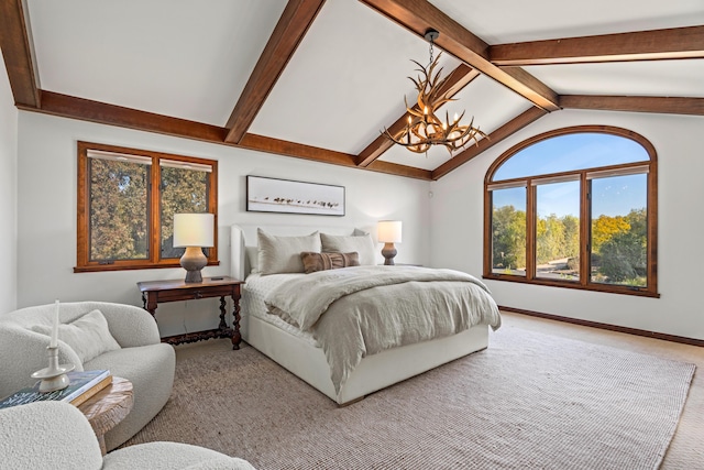 bedroom featuring vaulted ceiling with beams, carpet floors, and baseboards