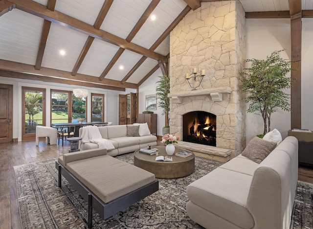 living room featuring a stone fireplace, wood ceiling, high vaulted ceiling, beamed ceiling, and hardwood / wood-style floors