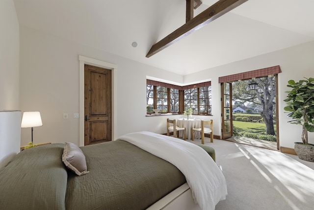 bedroom featuring carpet flooring, access to exterior, and lofted ceiling with beams