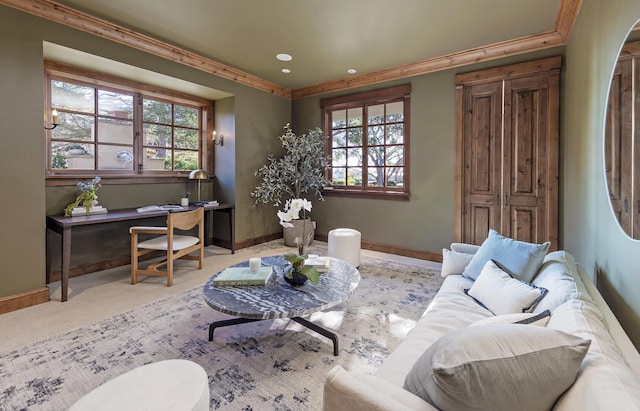 living room featuring light colored carpet and ornamental molding