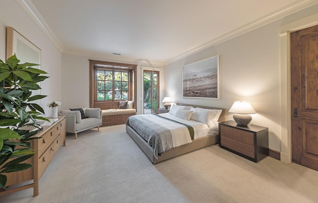 carpeted bedroom featuring ornamental molding