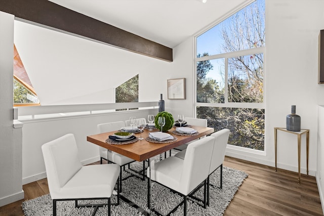 dining area with beamed ceiling, a healthy amount of sunlight, and wood-type flooring