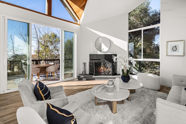 living room with hardwood / wood-style floors and high vaulted ceiling