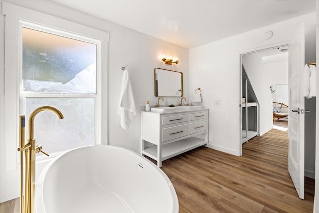 bathroom with vanity, a bathtub, and wood-type flooring