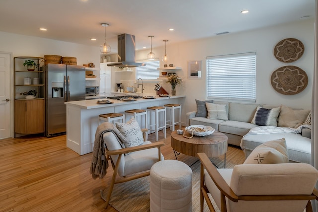 living room featuring sink and light wood-type flooring