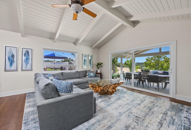 living room with hardwood / wood-style flooring, ceiling fan, wood ceiling, and vaulted ceiling with beams