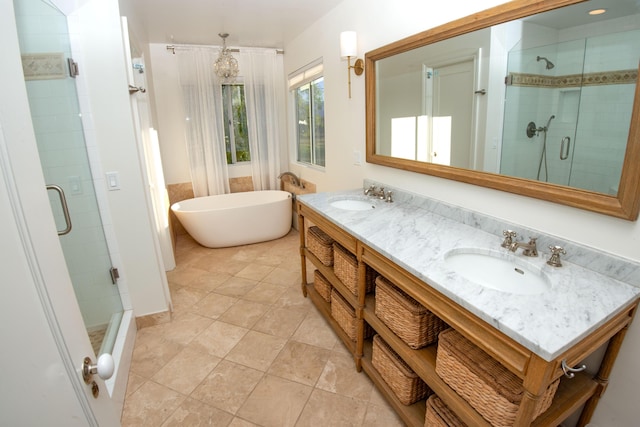 bathroom featuring vanity and plus walk in shower