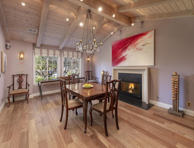 dining space with wood ceiling, lofted ceiling with beams, and light hardwood / wood-style floors